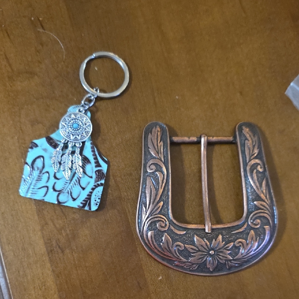 Decorative Copper and Turquoise Keychain and Buckle Set